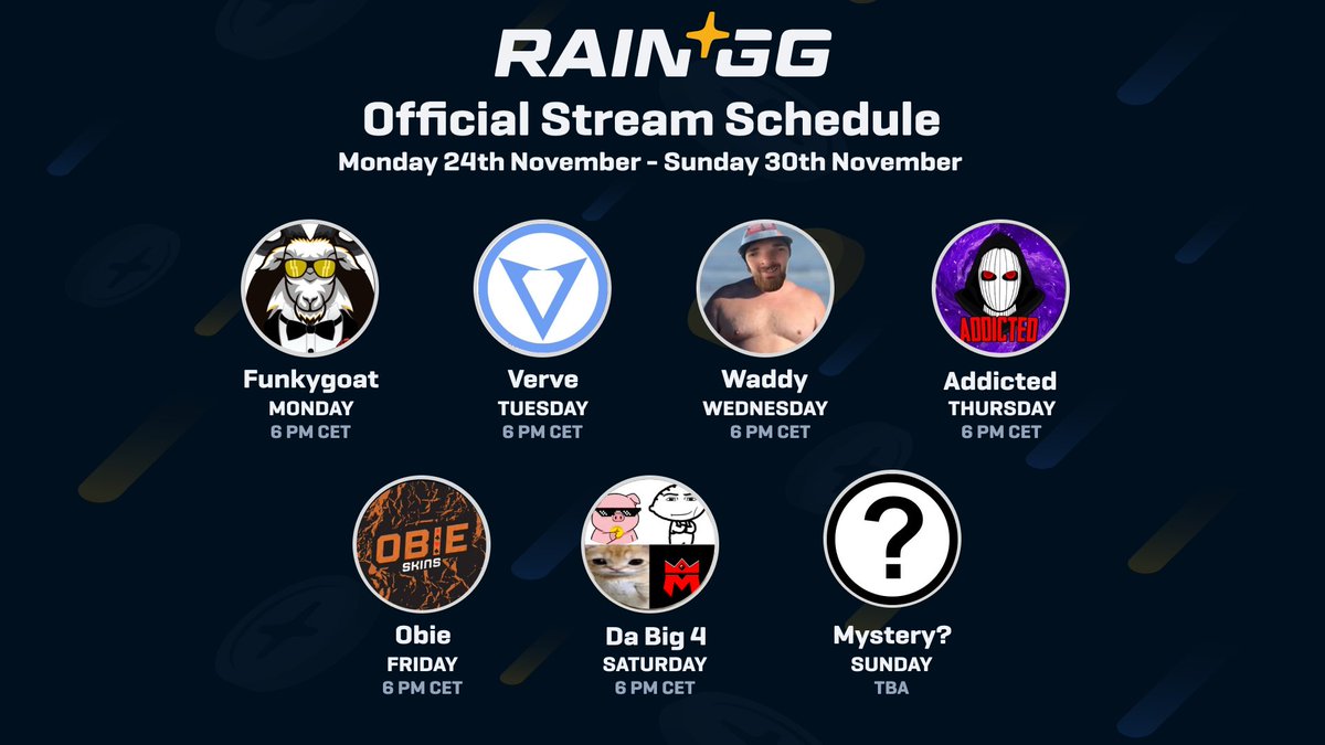 Official stream schedule for this week is live! ☔️

Guess the mystery streamer for a chance to win 100🪙!