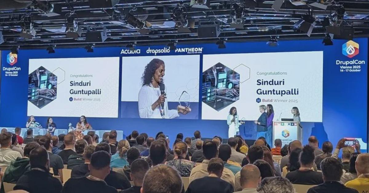 thedroptimes's tweet image. 👏 Sinduri Guntupalli @gSinduri  wins Women in Drupal (Build) at #DrupalCon Vienna 2025!

From Mossbo CMS to global community work— @Drunomics  celebrates a standout year.
bit.ly/3LQ3WEl 

#Drupal #WomenInTech #OpenSource #DrupalAwards