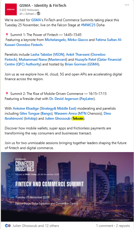 L1bertyLad's tweet image. Julien Ghossoub, the Middle East and Africa General Manager at @Telcoin, will be speaking on a panel discussing "The Rise of Mobile-Driven Commerce" at #MWC25's Fintech and Commerce Summit tomorrow. 

Alongside Julien, will be representatives from @bangodotcom, @Infobip, &amp;amp;
