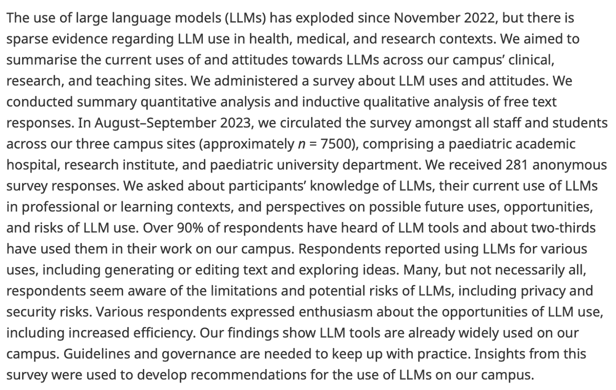 Data_and_Policy's tweet image. New article!

A survey of large language model use in a hospital, research, and teaching campus

👉 bit.ly/3M0EZ91

Study finds that #LLM tools are widely used and guidelines and #governance are needed.

@dcapurro @SarathRanganath @NilouferS1_ #LargeLanguageModels