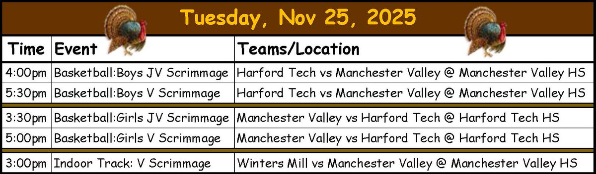 Carroll County, MD High School Sports schedule for Tuesday 11/25/25.