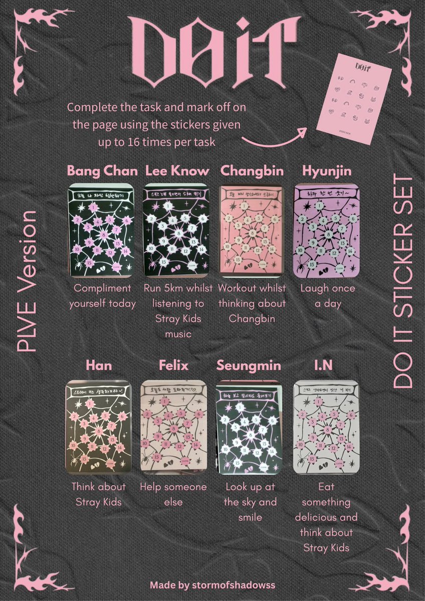 StormOfShadowss's tweet image. Stray Kids Do It Platform PLVE sticker set guide / template!

It works a little like a to do list / tracker. I’ve translated each comment to the best of my abilities!