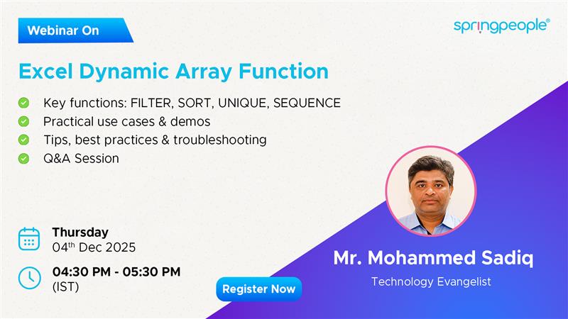 SpringPeople_SP's tweet image. Master Excel Dynamic Array Functions – Live Webinar!

👉 Register Now: springpeople.com/excel-dynamic-…

Unlock the power of FILTER, SORT, UNIQUE, SEQUENCE, and more with real demos, practical use cases, and expert tips.

📅 04th Dec 2025 (Thursday)

⏰ 04:30 PM – 05:30 PM (IST)

#excel