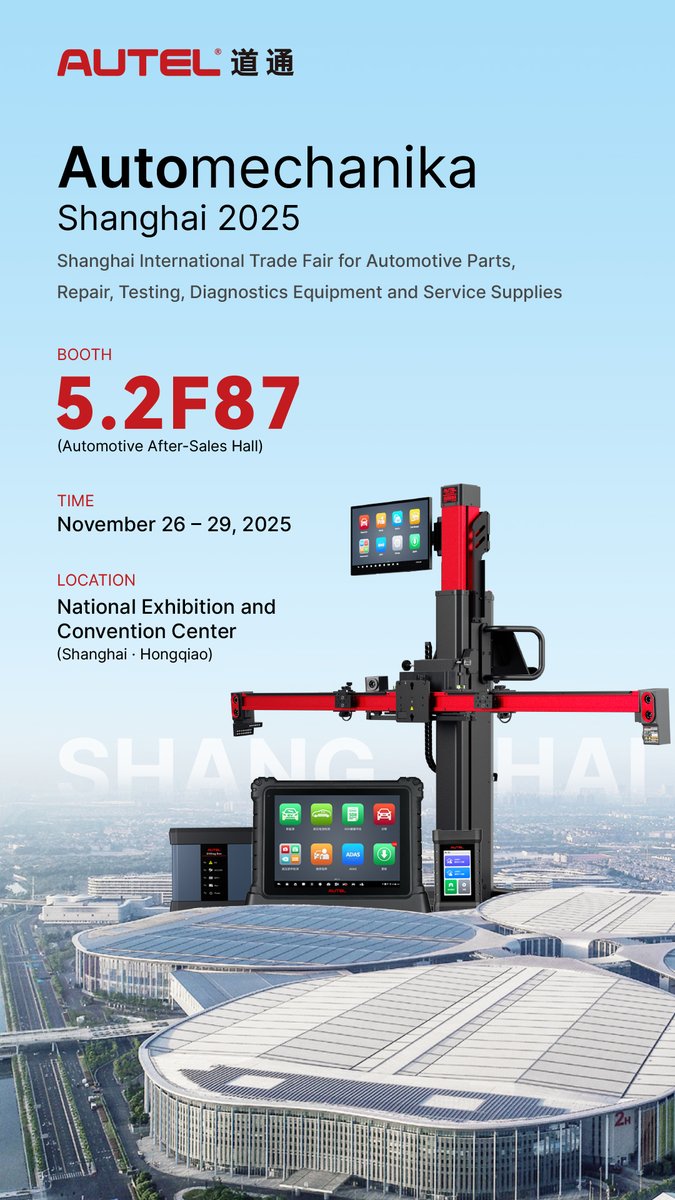 autel_energy's tweet image. We’re heading to Automechanika Shanghai 2025!  Come meet us and explore the latest in diagnostics, repair, and intelligent service solutions.
📍 Booth 5.2 F87 
📅 Nov 26–29, 2025 
📌 National Exhibition &amp;amp; Convention Center (Shanghai · Hongqiao)
#Autel #AutomechanikaShanghai