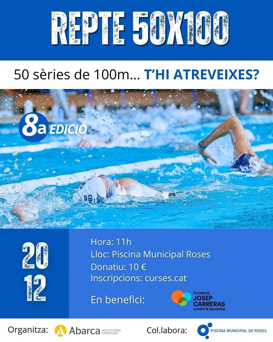 Repte 50x100
20/12 · 11–14 h

<a href="/PiscinaRoses/">Piscina Roses</a> col·labora de nou amb les braçades solidàries

50 sèries de 100m
Iniciativa ABARCA arquitectura i enginyeria
Benefici: Fundació Josep Carreras

💛 Inscripcions: curses.cat (10 € íntegres)
Solidaritat+esport+bon ambient