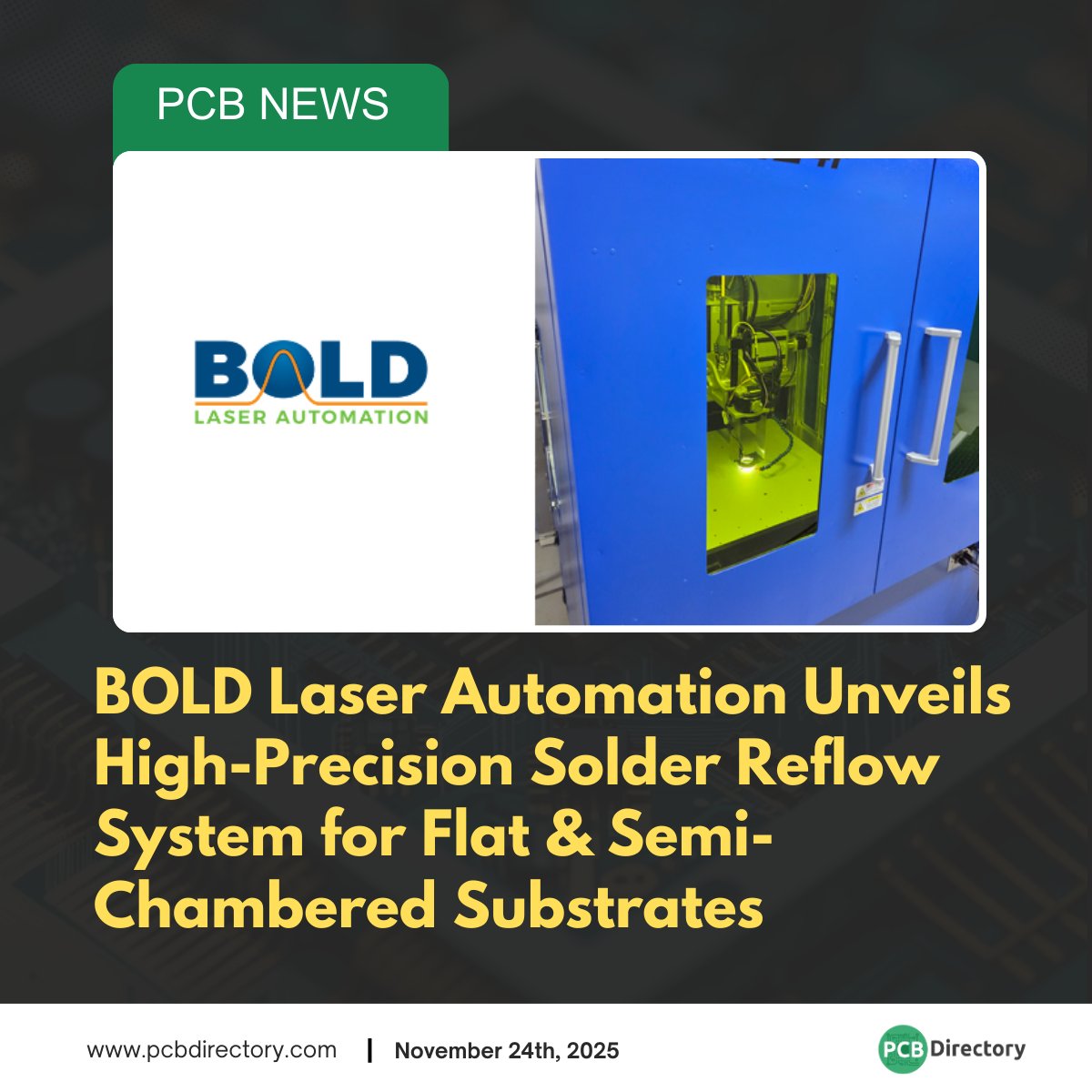 PCB_Directory's tweet image. Bold Laser Automation has unveiled its LASR2424F system, a high-precision laser reflow solution built for demanding electronics manufacturing. 

Read more: ow.ly/2jSk50XwJip

#printedcircuit #news #industry #laserreflow #soldering #hardware #engineering #automation