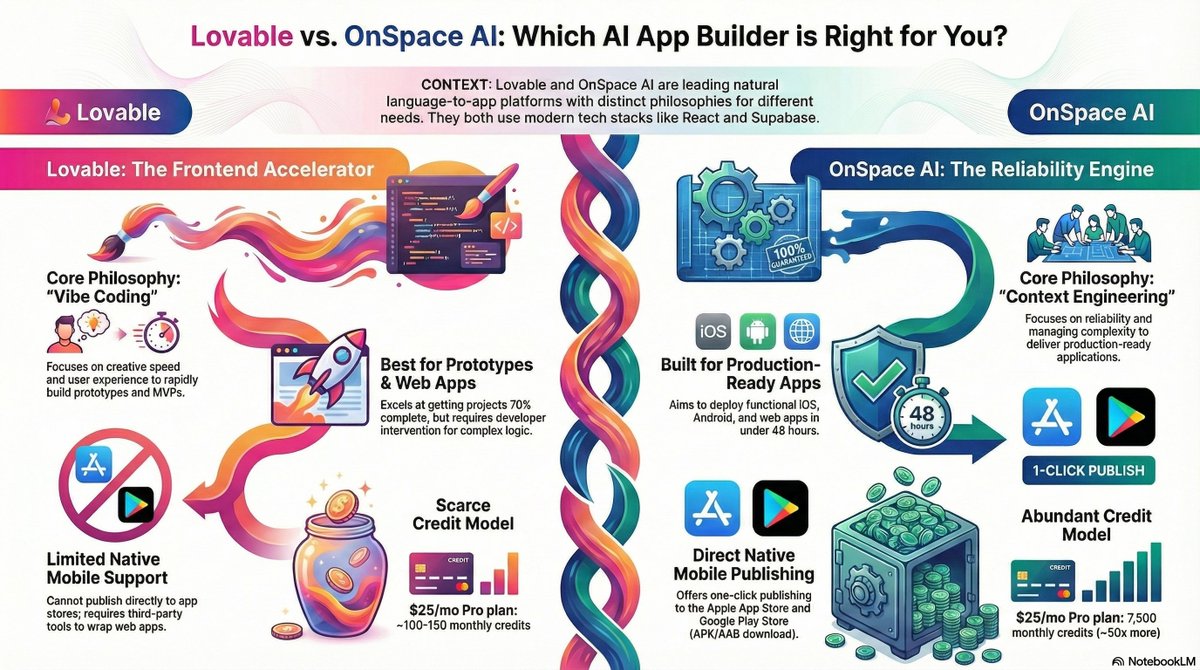 tinkerapps's tweet image. Typed one line into NotebookLM — &quot;What&apos;s the difference between Lovable and OnSpace?&quot;✍️

And it spit out a whole infographic like it was nothing.

The info density + the design??

Kinda insane ngl. 🤯🔥

#NotebookLm