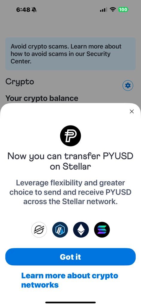 ReachROCKIN's tweet image. Waking up to this message on Venmo…

$PYUSD on @StellarOrg now on @Venmo ✨

Banking looks different from this angle…