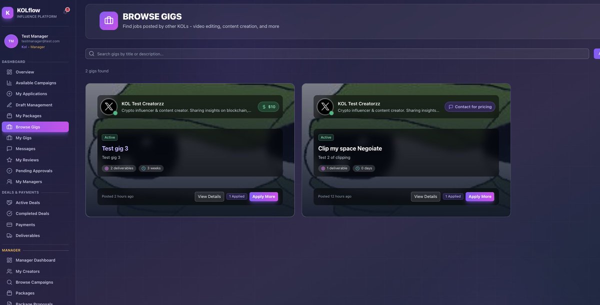 Badbrothers__'s tweet image. New feature for KOLflow.xyz and re-brand coming soon! 

Right now only the marketer role can launch campaigns for KOL/creators to apply. So im building what im calling gigs. This will be a separate view for creators to launch gigs for other creators. 

So now say if…