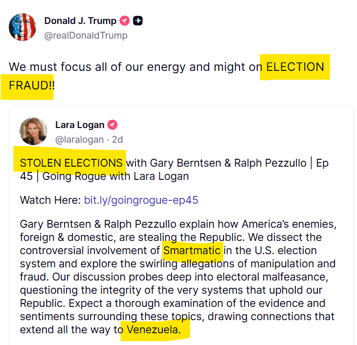 한국시간으로 2025년 11월 24일 올라왔습니다.

11월 24일 우파에게 강경하게 발언하고 행동을 취하는 전 세계의 모든 자들을 기억하세요.

걔들한테 먼저 찾아갈 겁니다.

아참, 워싱턴에서는 현재 

'부정선거'
'부정선거',
'부정선거',

'부정선거' 무새가 되어서 '부정선거'만 이야기 한답니다.