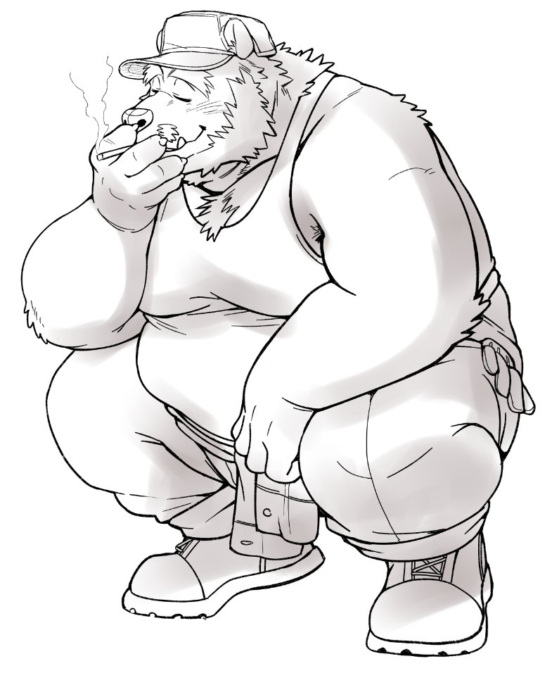 もっと早く仕上げるつもりだったのに、足やらタバコの手やらでめっちゃ苦戦した🥲デブがしゃがむの描くの難しい

最後まで仕上げちゃいたいけど、ずっと座り続けててケツが痛いので今日はもうオシマイ！！
ちゃんとした影と色はまた明日