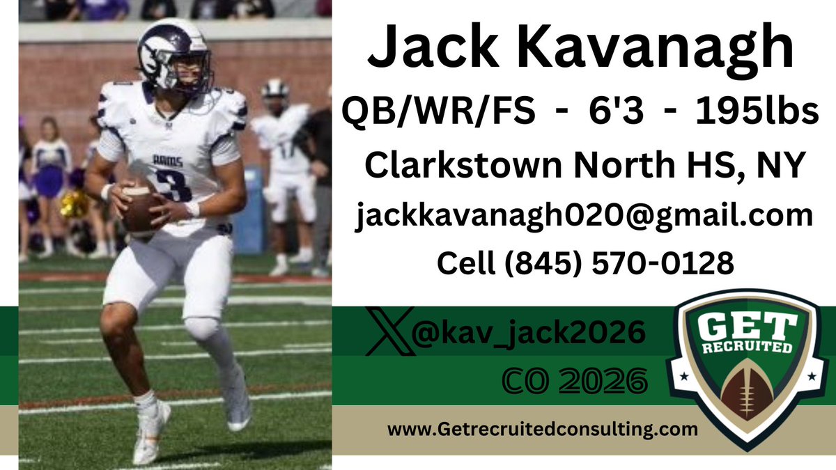 Get__Recruited's tweet image. Jack Kavanagh - CO 2026 - QB/WR/FS - 6&apos;3, 195lbs - 3.66 GPA - Big, fast, athletic, versatile. Clarkstown North HS, NY. Profile: app.productiverecruit.com/profile/jack-k… @1of1lifeskills @kav_jack2026 @Bucknell_FB @ColgateFB @FORDHAMFOOTBALL @HoyasFB @HCrossFB @LafColFootball @LehighFootball