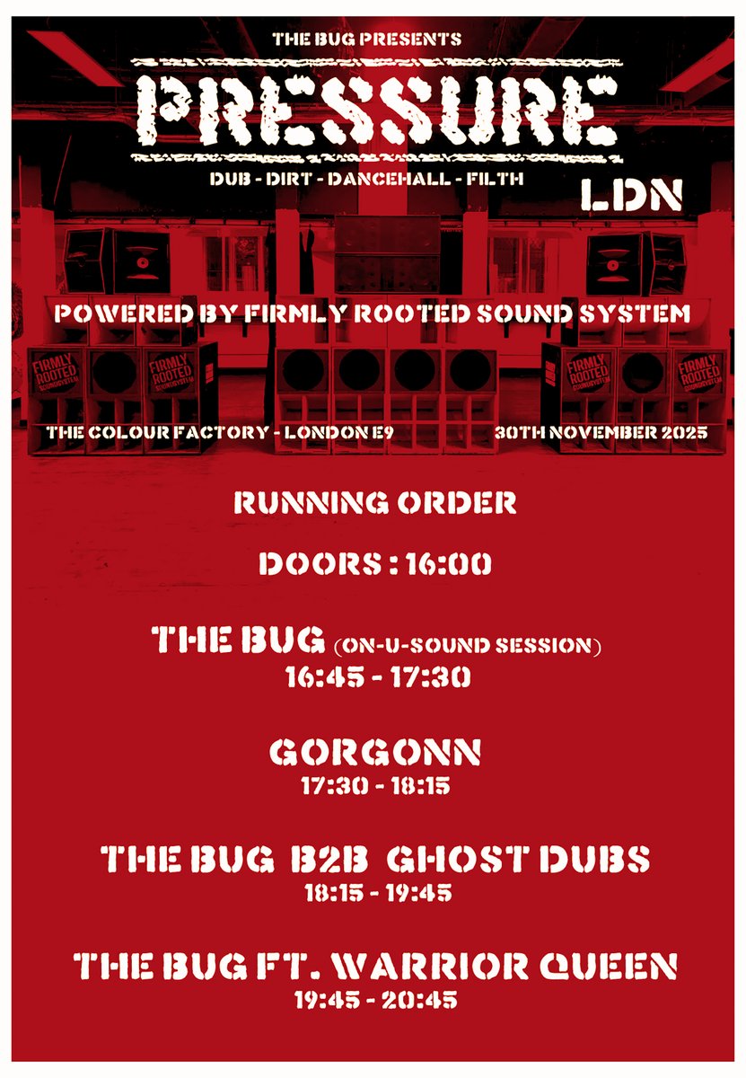 Playing a matinee show on Sunday in London !
Psyched to perform again with Warrior Queen. 
B2B with <a href="/GHOST_DUBS/">GHOST DUBS</a> as a launch for 'IMPLOSION' + celebrate his debut Ldn live set.
<a href="/gorgonn/">Gorgonn</a> will start the party ruff and brutal too

All droppin heavy on the mighty Firmly Rooted Rig