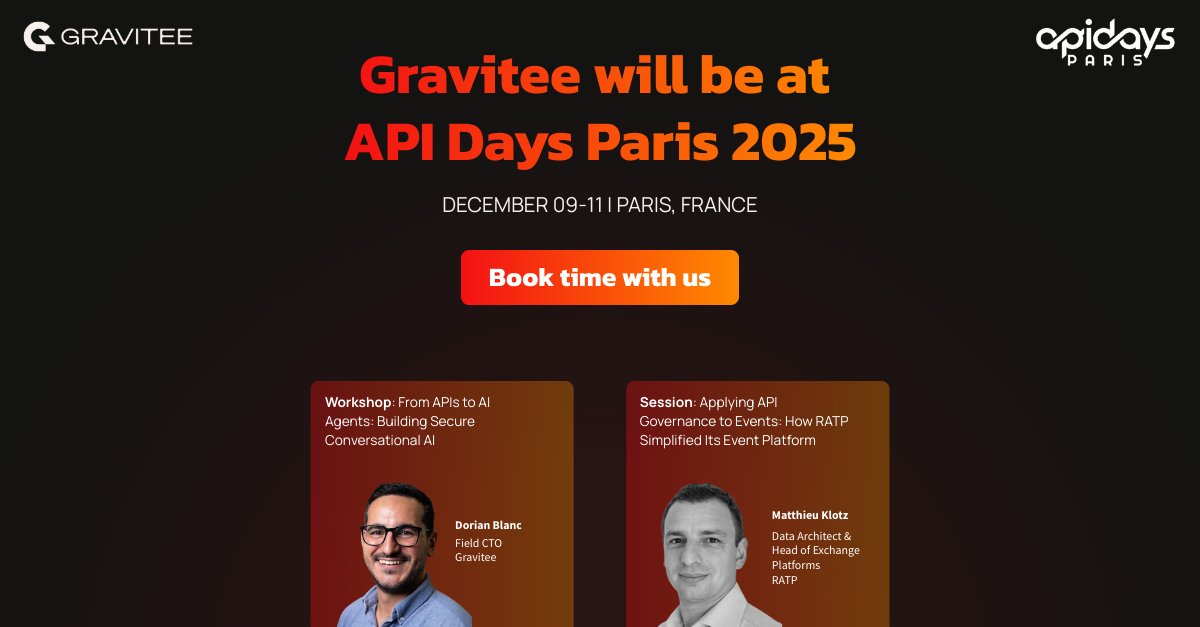 GraviteeIO's tweet image. The Gravitee team is heading to API Days Paris 2025 🇫🇷

Come visit our booth and let’s chat about APIs, Events, and AI agents!

Want to secure extra time with us? Let us know! bit.ly/3LYGNiS