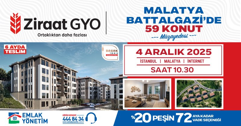 MALATYA BATTALGAZİ’DE 59 KONUT MÜZAYEDESİ

📅 4 Aralık • 10.30
💰 %20 peşinat, 72 aya kadar taksit imkânı

📍 Salonlar:
İstanbul – TOKİ Hizmet Binası
Malatya – Mövenpick Otel

Bilgi: 444 84 34