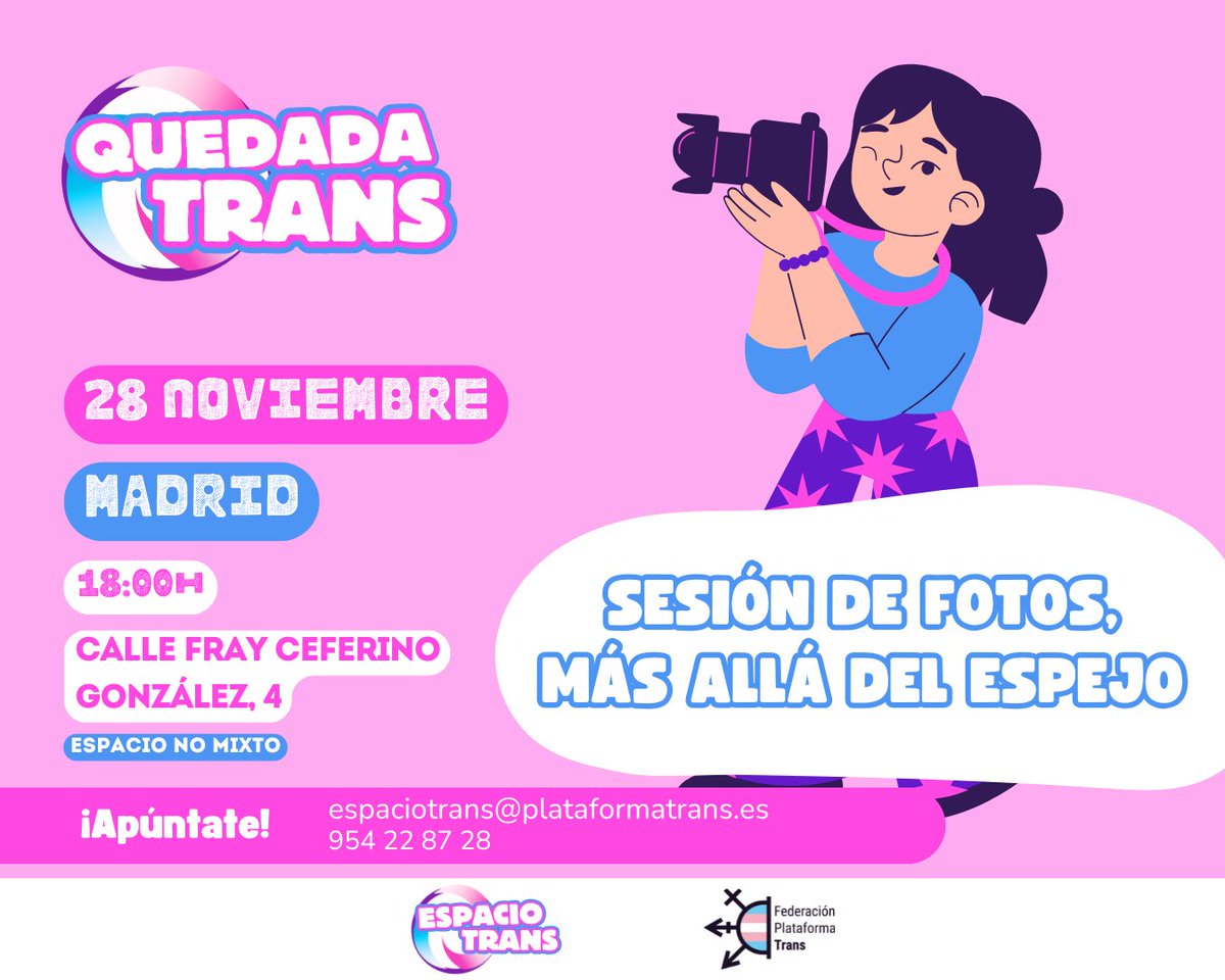 PlataformaTrans's tweet image. 🔊¡Próximo viernes!
📸Sesión de fotos, más allá del espejo
🗓️28 de noviembre
📍C/ Fray Ceferino González, 4 - Madrid.
🕛18 horas
🏳️‍⚧️El próximo viernes nos reunimos en una Quedada Trans para una sesión de fotos donde celebramos nuestras identidades, exploramos la autopercepción y…