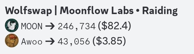 Another Moonday another payday 🤑 

200k+ $MOON for a full week of raiding <a href="/wolfswapdotapp/">Wolfswap | Swap & Earn</a> 🤯

Not counting the mystery boxes for every $10+ trades 🎁

And the $AWOO for raid2earn 🫡

Tell me if you have seen any Web3 project as rewarding 👀.

Let's grind another week, promote
