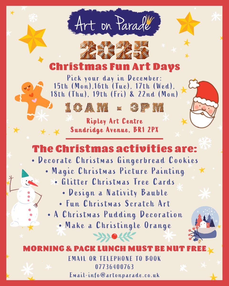 RipleyArtCentre's tweet image. Art on Parade at Ripley Arts Centre!!!
#mumsnet #artclassesforkids #LetsCreate #childrenactivites #bromley #beckenham #orpington #christmasactivites