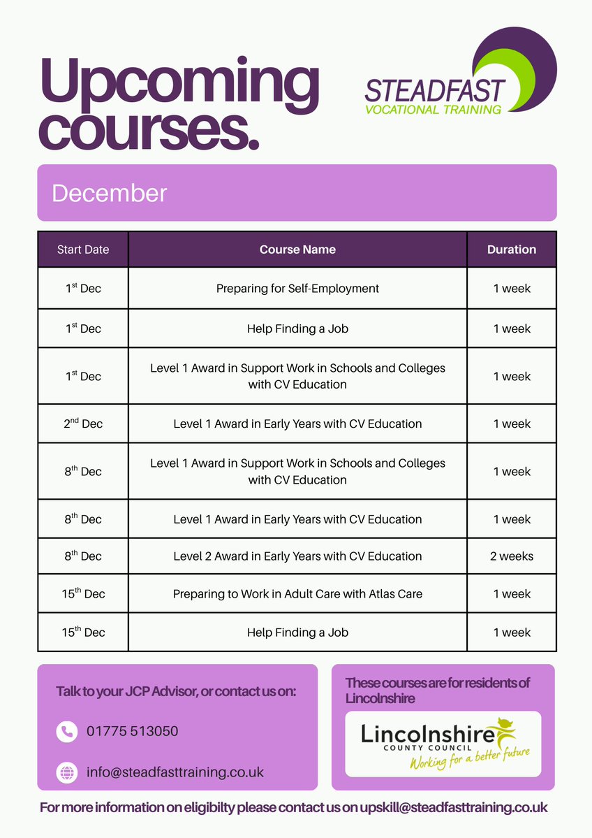 SteadfastTr's tweet image. 🎓 Free December Courses – Lincolnshire Residents!
Boost your skills &amp;amp; confidence with fully funded 1–2 week courses: Schools, Early Years, Care, Self-Employment, Employability &amp;amp; more!

📞 01775 513050
✉️ upskill@steadfasttraining.co.uk

#FreeTraining #Lincolnshire