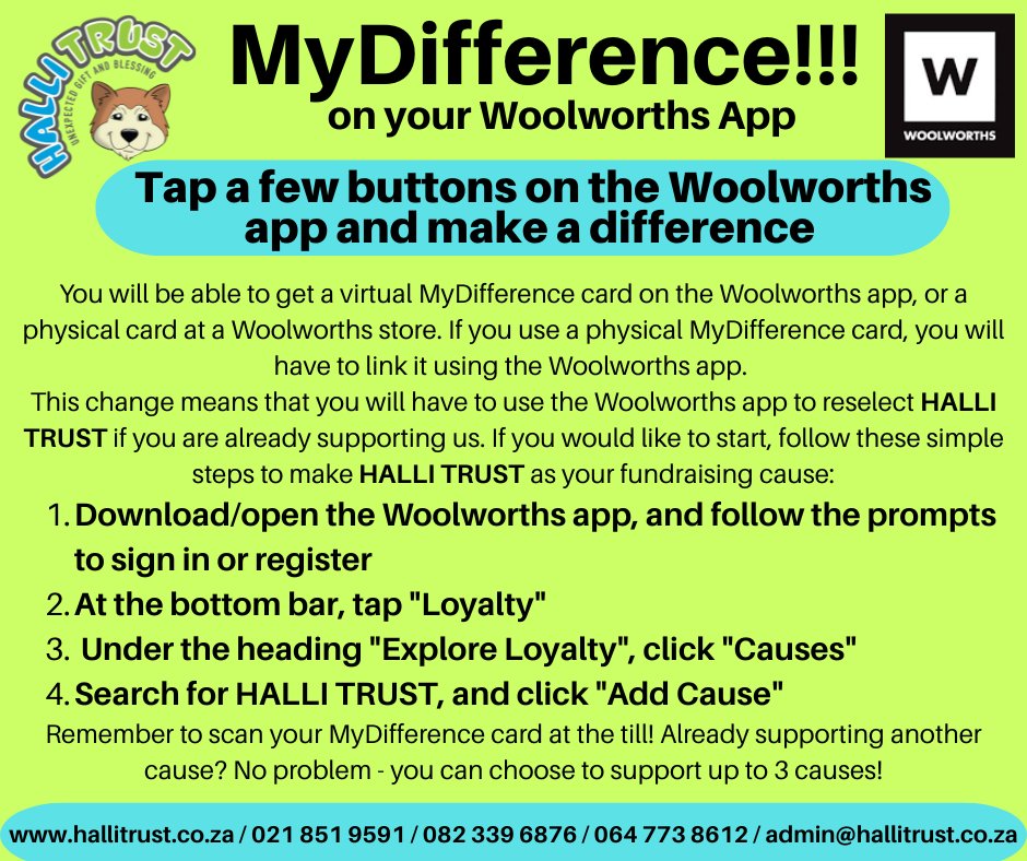 📢 Woolworths has moved to the My Difference programme! Please re-select Halli Trust as your cause in the Woolworths app 📷 Every swipe helps us bring hope to families, children &amp; communities.#hallitrust #MyDifference #TogetherWeMakeADifference