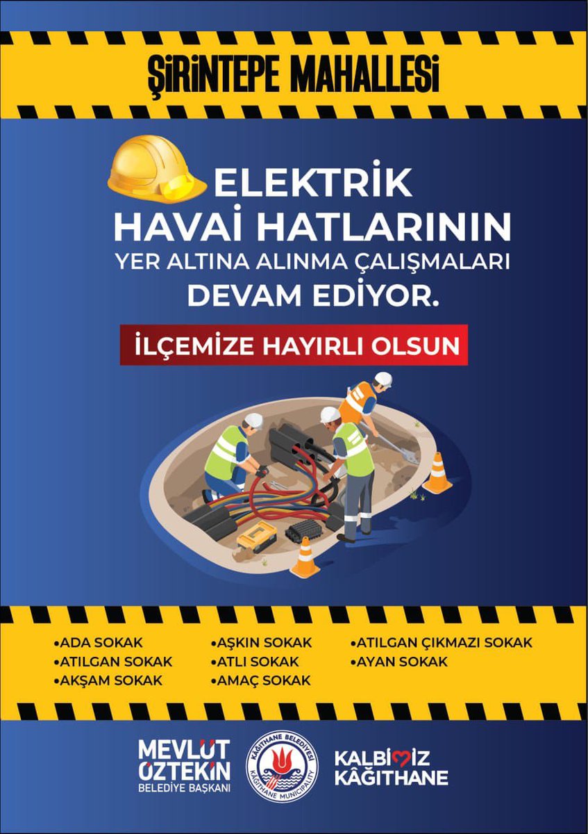 Kâğıthanemizde güçlü altyapı çalışmalarımıza devam ediyor; komşularımızın güvenliği için elektrik havai hatlarının yer altına alınma çalışmalarını gerçekleştiriyoruz.

📍Şirintepe Mahallesi…

-Ada Sokak
-Atılgan Sokak
-Akşam Sokak
-Aşkın Sokak
-Atlı Sokak
-Amaç Sokak
-Atılgan