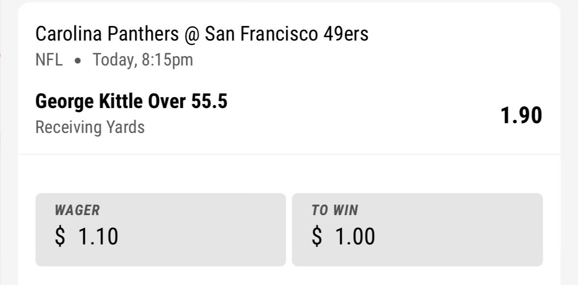 🏈 NFL 🏈

🌟George Kittle o55.5 Receiving yards, 1.91 (1.10u)

Kittle looks back into good form after a couple big weeks. Panthers have been weak to TEs all year, allowing the 7th most receiving yards per game. 

#NFL #GamblingX