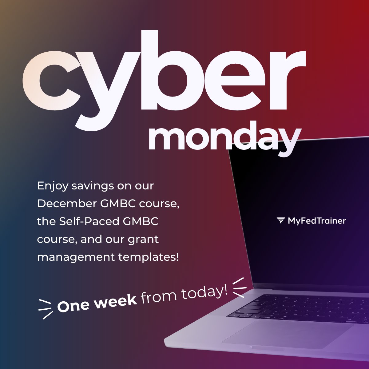 𝗖𝘆𝗯𝗲𝗿 𝗠𝗼𝗻𝗱𝗮𝘆 𝗶𝘀 𝗰𝗼𝗺𝗶𝗻𝗴 📣 One week from today on December 1st, take 10% off:

• December GMBC
• Self-Paced GMBC
• Grant management templates

Use code 𝗖𝗬𝗕𝗘𝗥𝗠𝗢𝗡𝗗𝗔𝗬𝟭𝟬 at checkout and lock in 2025 pricing before rates go up in 2026!