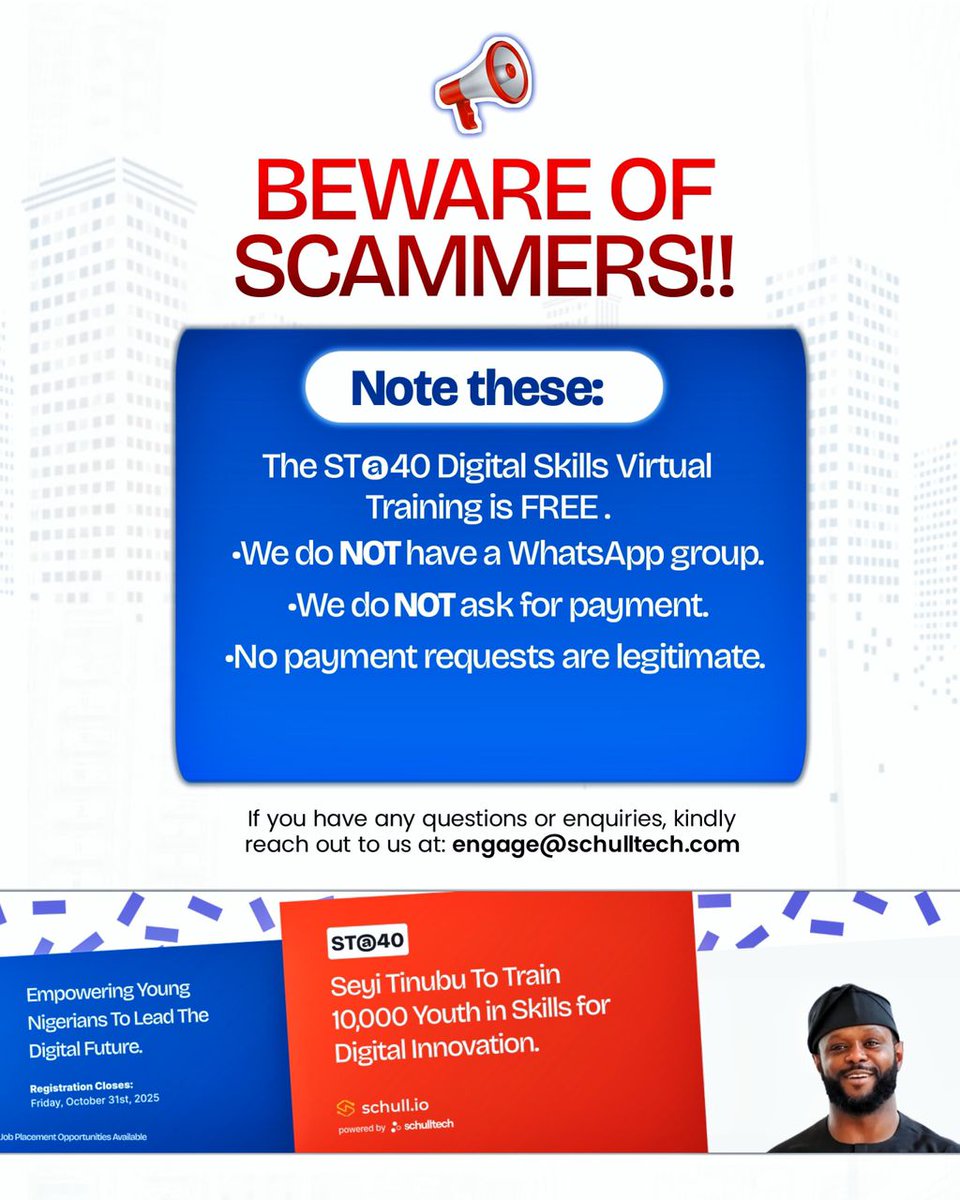 schulltech_'s tweet image. As we enter into the second week of our training program, we want you to take note of this information:

📍The ST@40 Digital Skills Virtual Training is completely FREE!

Please ignore any fake WhatsApp groups or payment requests.