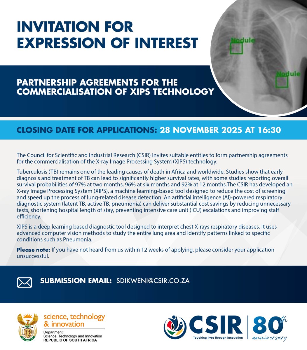 CSIR's tweet image. Call for Expression of Interest #EoI for partnership agreement for the commercialisation of XIPS technology.
Closing date for applications: Friday, 28 November 2025
For full scope of the EoI visit: 
csir.co.za/sites/default/…