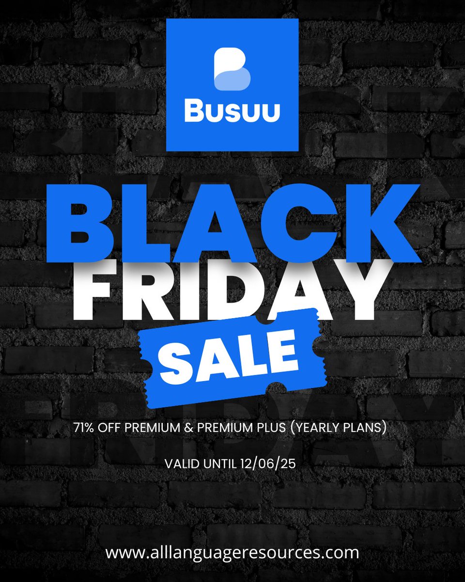 LangResources's tweet image. 🖤 Busuu Black Friday Deal! 🌍✨
Learn a new language with Busuu’s smart lessons + real feedback from native speakers — now at 50% OFF Premium Plans!
⏳ Limited-time offer — click the link for full details! 
🔗alllanguageresources.com/busuu/

#BlackFridayDeals #Busuu #LanguageLearning…