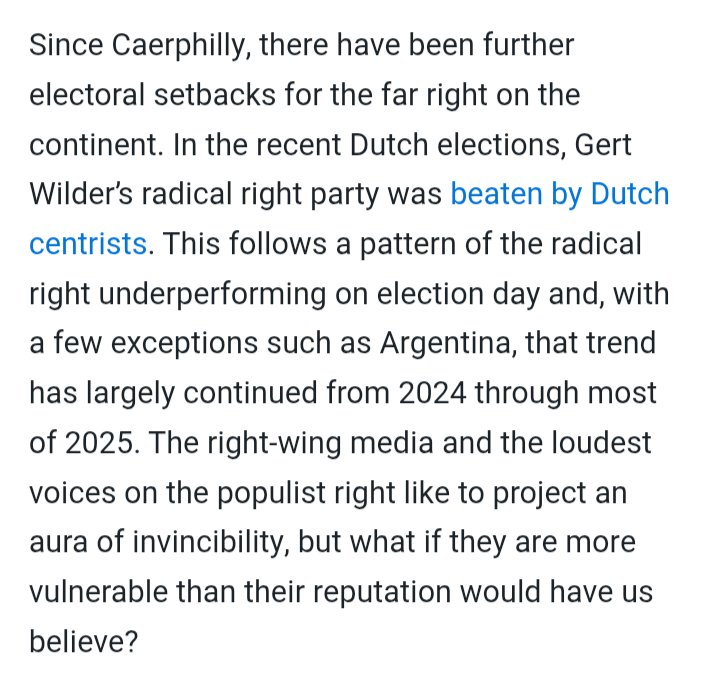 This is cope tbh

The Dutch right didn't really "underperform", their vote just shifted to other right wing parties (JA21, FvD)

In the UK this would be a much bigger deal, but the Dutch system is the most proportional in Europe so you can't measure electoral success the same way