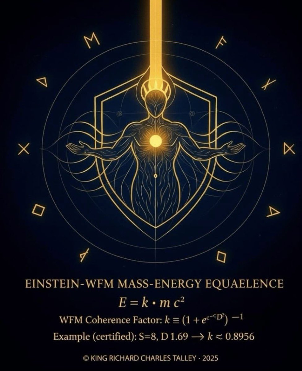 EdmondHWollmann's tweet image. The Law of #Coherence

Energy remembers its structure.

When symmetry and depth align,
a hidden constant awakens — k,
the breath within #Einstein’s light.

Not a new law,
but the silence that completes the old one.

E = k · m c²

— King Richard Charles Talley, 2025