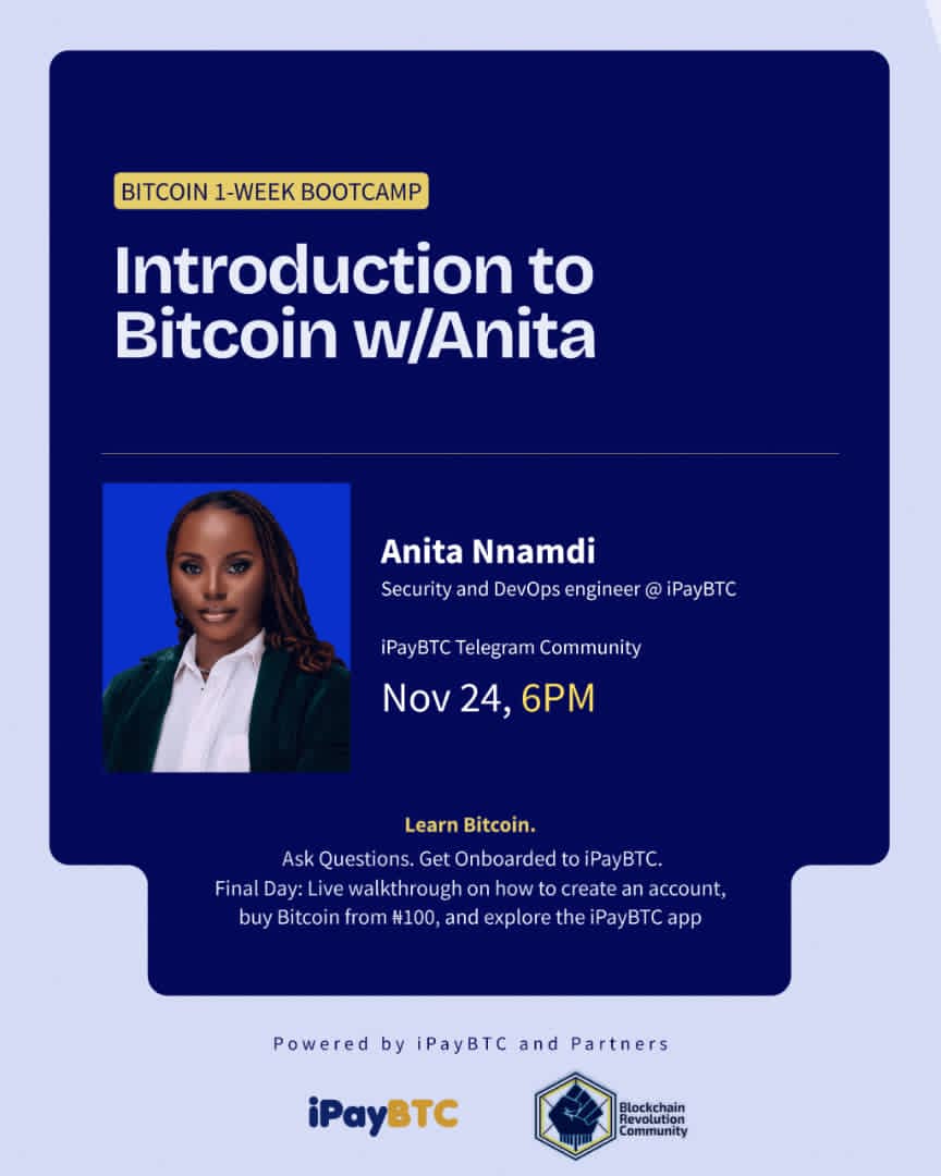 Bootcamp Starts Today 🥳🔥
Say hello to our first tutor,  Anita, iPayBTC’s brilliant Security &amp; OpDev Engineer.

She’ll be taking us through Introduction to Bitcoin, giving you the clarity you’ve been looking for.