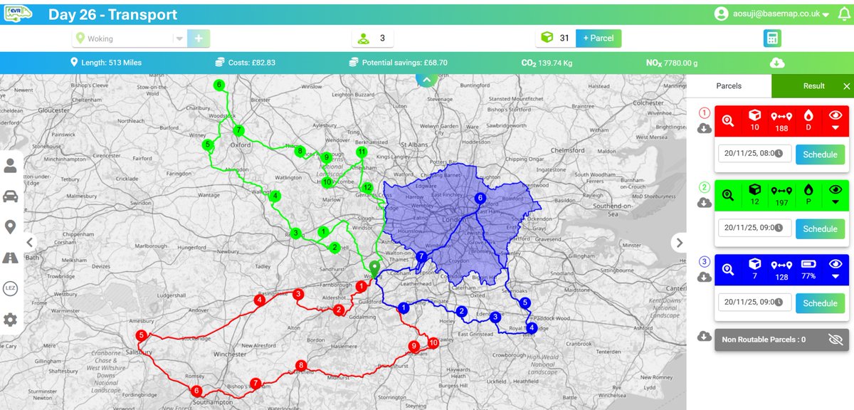 basemap's tweet image. Day 26 of the #30DayMapChallenge Transport 

Using EVR, we planned 3 routes from Woking to deliver 31 parcels — including how ULEZ affects petrol/diesel vehicles.

The EV could complete all routes, saving ~£70, 140 kg CO₂, and 7.8 g NOx.

#DataViz #Transport #Routing #EVs #EVR