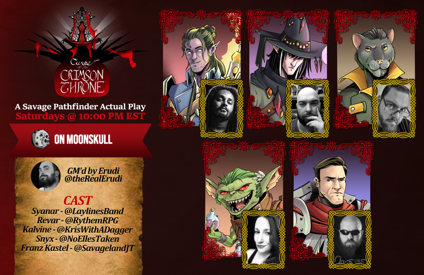 Join us in ONE HOUR for #Savageworlds CURSE OF THE CRIMSON THRONE!

<a href="/TheRealErudi/">Erudi</a> is our GM

 <a href="/LaylinesBand/">Laylines</a> , <a href="/RythemRPG/">Rythem</a> , <a href="/SavagelandJT/">JT Savage</a> , <a href="/NoEllesTaken/">NoLsTaken</a> &amp;  <a href="/Kriswithadagger/">Kris</a> are our players!

Art by: <a href="/sebaguidobono/">Seba Guidobono</a>