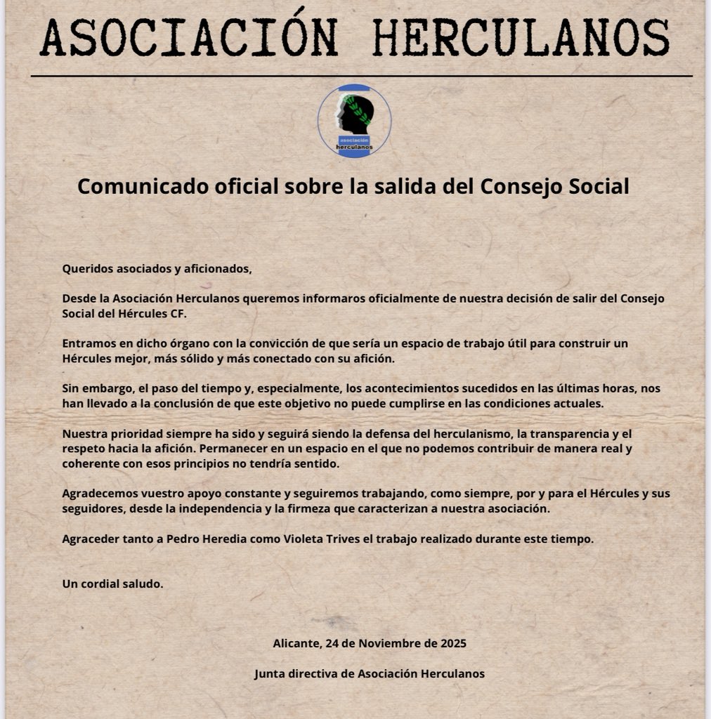 🗣️COMUNICADO OFICIAL | La Asociación Herculanos sale del Consejo Social