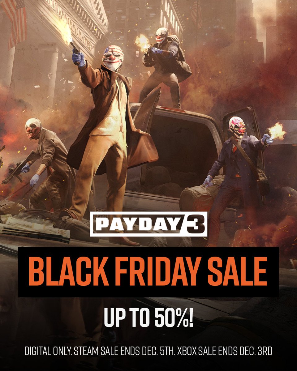 PAYDAYGame's tweet photo. Black Friday deals for Steam and Xbox are LIVE😎

Skills 2.0 is coming next week, so now is the perfect time to grab the game or any DLC you may be missing! https://t.co/qZfCK8TEWG