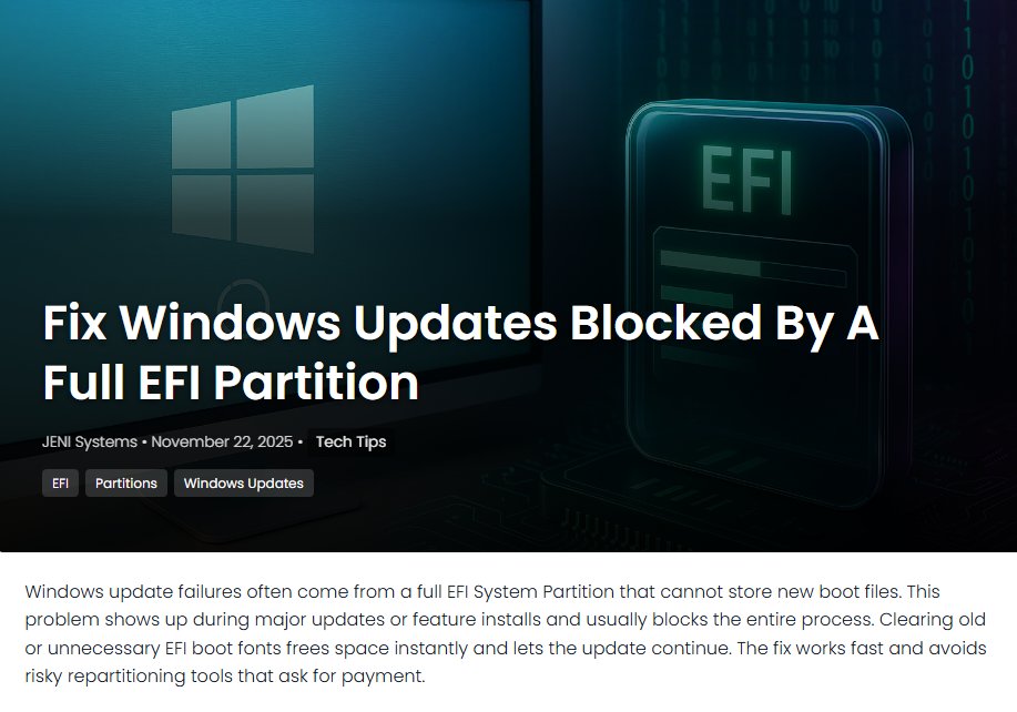 JeniSystems's tweet image. Freeing space on the EFI partition fixes blocked Windows updates and gets the system moving again. jenisystems.com/fix-windows-up…
 #WindowsUpdate #EFIFix #TechTips