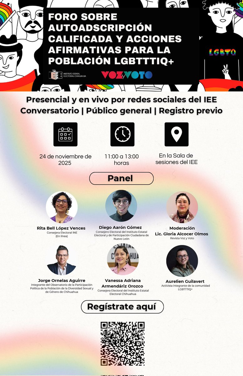 revistavyvmx's tweet image. #AgendaElectoralyPolítica 🗓 🗳
🚨 #Hoy en #Chihuahua el foro sobre Autoadscripción simple o calificada en acciones afirmativas LGBTTTIQ 🏳️‍🌈🏳️‍⚧️
🗓 24 de noviembre de 2025
⏰ 11:00 horas
📍 Sala de Sesiones del @IEEChihuahua
#EnVivo en redes del IEEC