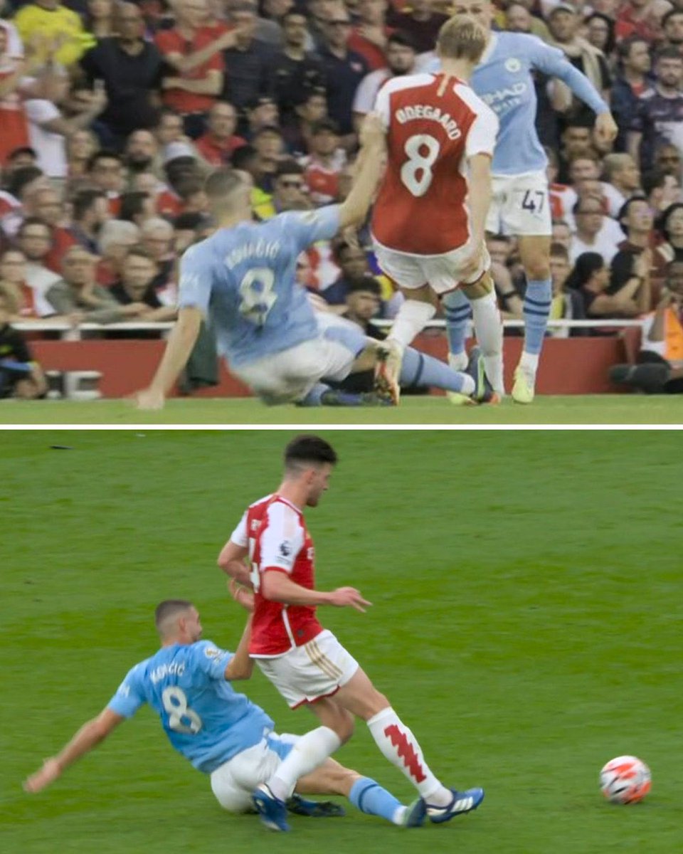 dacodac's tweet image. You mean that ref who didn’t send off Kovacic for prison-worthy tackles on Rice and Ødegaard?