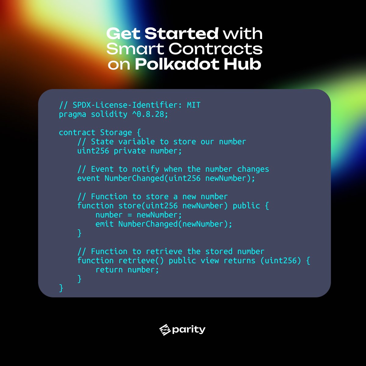 paritytech's tweet image. Kickstart your journey into smart contracts on @Polkadot.

We’ve put together a clear, structured pathway to help you go from zero to → deployed contract, with everything you need in one place:

• Set up your development environment
• Write and compile your first contract
•…