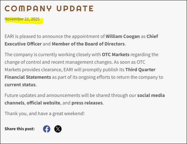 ThePennyLounge's tweet image. $EARI PR: New ceo OtcMkts updated more updates on route - not so rumored Reverse Merger / acquisition incoming 
COMPANY UPDATE eariholdings.com/f/company-upda…