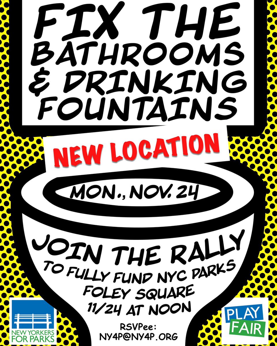 NY4P's tweet image. Rally with Play Fair for @NYCParks bathrooms, fountains and PEP, 12pm TODAY at Foley Square!

Hear from @voteshekar @CMSandyNurse @susanzhuangnyc @ChrisMarteNYC @DC37nyc @ShahanaFromBK
