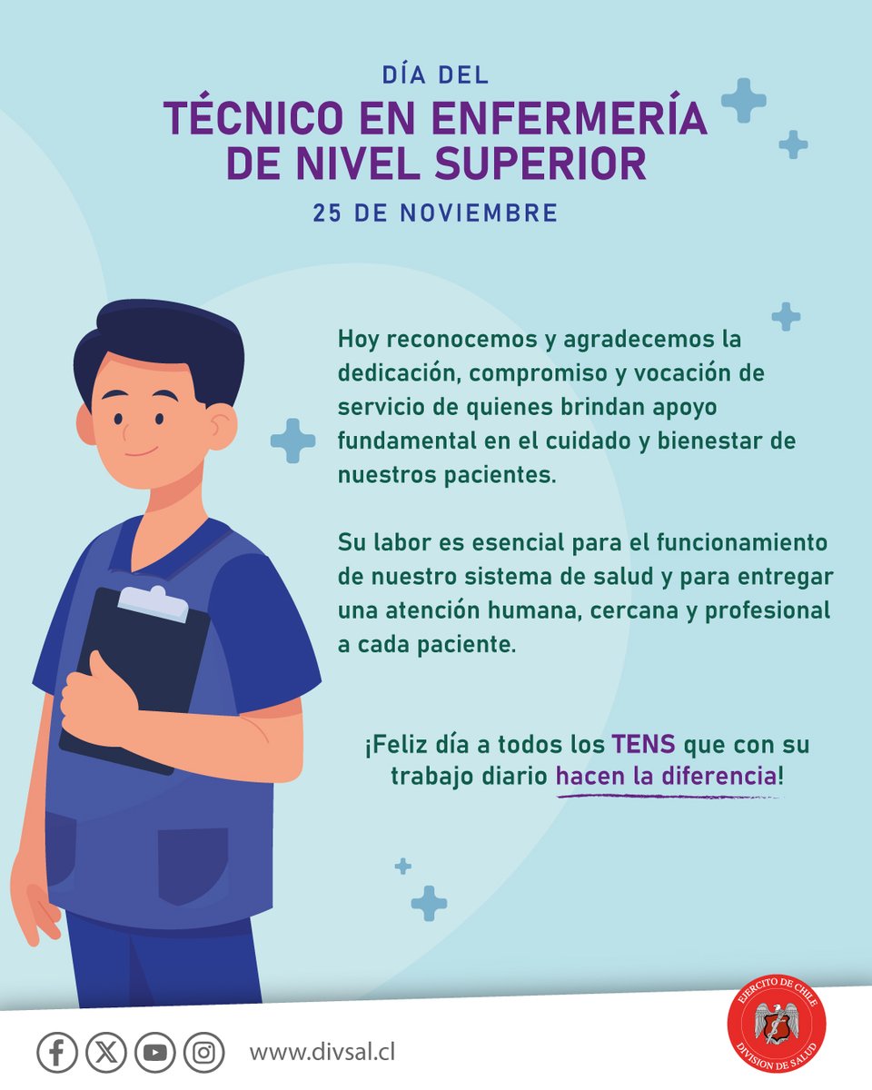 DivisionDeSalud's tweet image. ¡Feliz Día del Técnico en Enfermería de Nivel Superior (TENS)!

Hoy celebramos su vocación, compromiso y dedicación para cuidar de nuestra salud. Son un pilar fundamental en cada equipo, brindando atención con empatía y profesionalismo.
#ejercitodechile #instalacionesdesalud