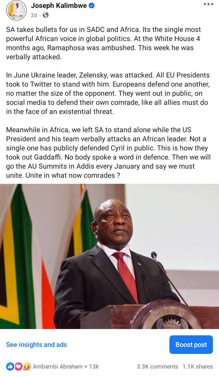 Hi Nehanda

<a href="/Julius_S_Malema/">Julius Sello Malema</a> never said that. It something i said in Zambia &amp; then it was stolen by a FB page that impersonates Julius &amp; claimed he has said this.

African Media must stop taking my tweets &amp; attribute them to Traore or others. It defeats the agenda you champion !