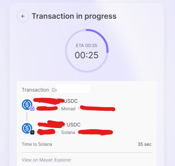 สรุปความรู้ที่ได้จากการเทรด MONAD ตั้งแต่ 20.30
1. ขาย $MON เรียบร้อยที่ kuru.io
ได้ราคา 0.0335 โดย SWAP เป็น USDC 
2. Bridge USDC จาก MONAD ไป Solana ผ่าน monadbridge.com ตรง Option เลือกเป็น Mayan แทนแบบ Auto จะ Bridge ได้
3. เงินเข้า SOL เรียบร้อย