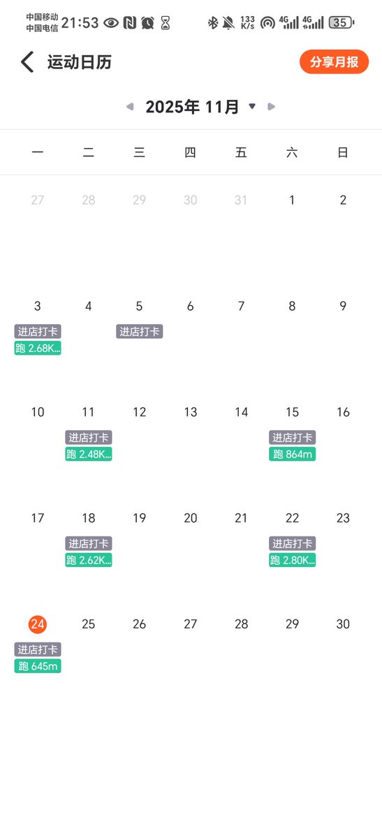 季卡快到期了，11月每周运动勉强达到两次。九十月一周一次🤫
