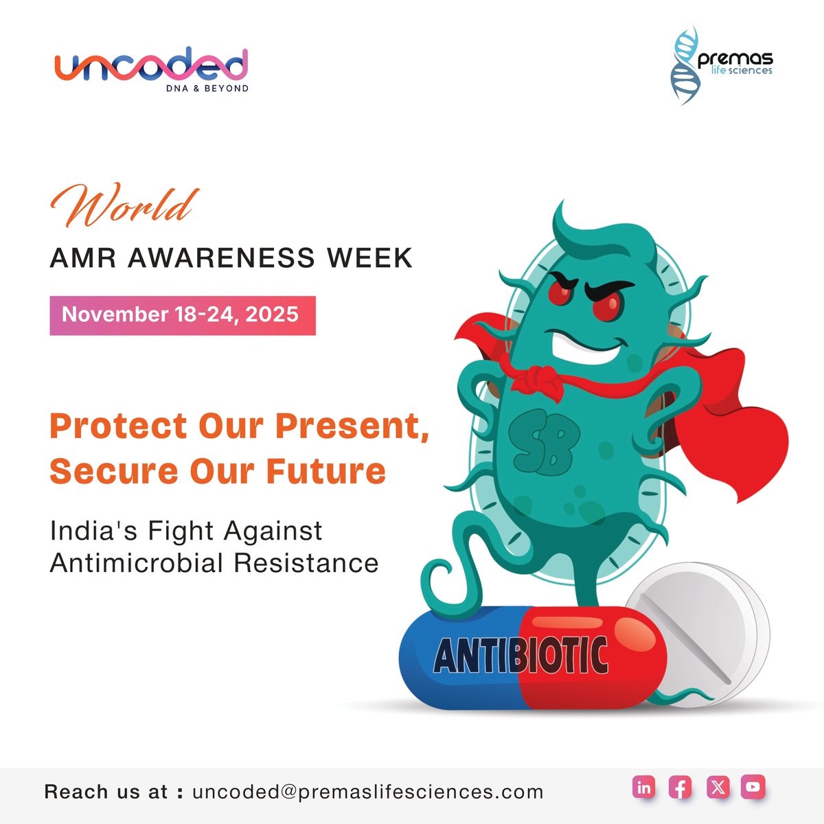 UncodedOmics's tweet image. Every infection could become untreatable. 💊

Antibiotics are failing.
India faces 83% drug resistance rates.
Treatment costs up 7x.
2M deaths predicted by 2050.

This World AMR Awareness Week: understand the superbug crisis before it&apos;s too late.⚠️

#WorldAMRAwarenessWeek #AMR