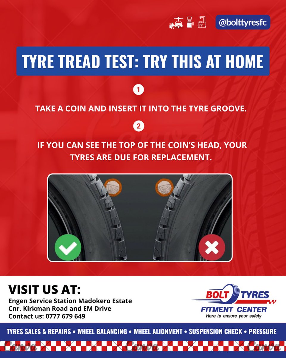 BoltTyresFC's tweet photo. ✅🛞 With our busy roads and potholes, tyre safety is everything. Try this easy coin test — if the head shows, it’s time for new tyres!

🚘 Visit our Fitment Center today for all your Wheel Alignment, Suspension &amp; Tyre Servicing needs. https://t.co/q9EtD82UQA