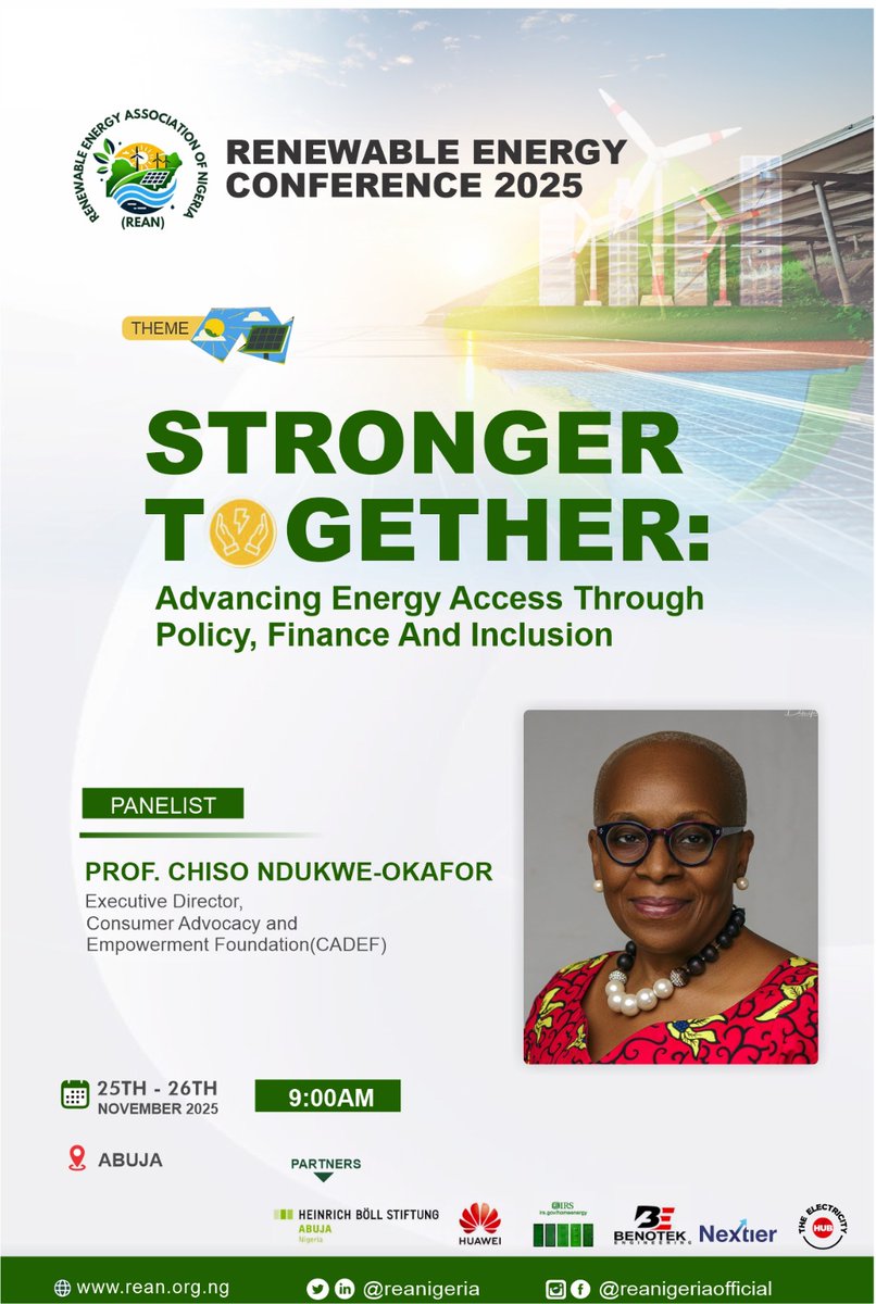cadef_ng's tweet photo. Tommorow, the Renewable Energy Conference 2025 begins!

Join CADEF's Prof. Chiso Ndukwe-Okafor, and other industry experts to explore how policy, finance &amp; inclusion can shape an energy transition that truly serves people.

#CADEF #REAN #REC2025 #RenewableEnergy #EnergyAccess https://t.co/TE4xjlMfv4